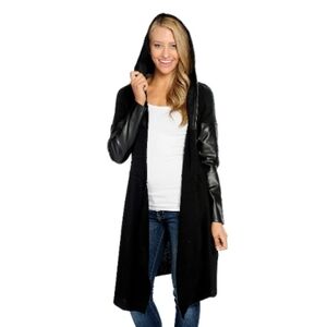 Blank NYC Black Open Front Cape Hooded Faux Leather Sweater XS